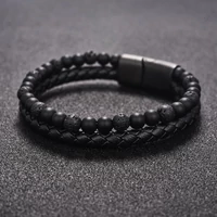 Kép 3/5 - STONE – Fekete Bőr Karkötő - Lávakő