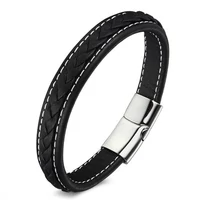 Kép 1/2 - Black Wolf - Fekete Bőr Karkötő - Fehér varrat