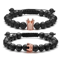 Kép 1/2 - King Queen - Páros Karkötő - Lávakő - Rosegold Cirkónia Köves Korona Díszek