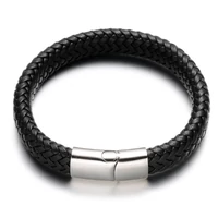 Kép 1/3 - Black Wolf - fekete Klasszikus Fonott Bőr Férfi Karkötő - Rozsdamentes Acél Zár