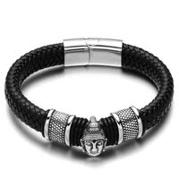 Kép 1/3 - Black Wolf - Fekete Széles Fonott Bőr Férfi Karkötő - Acél Buddha Medál