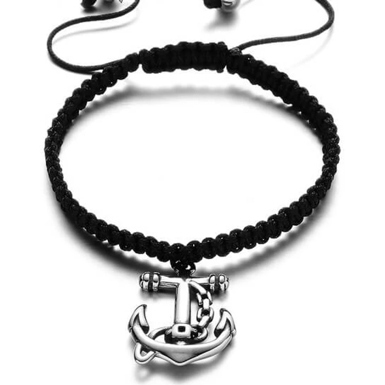 Black Wolf - Fekete Fonott Paracord Karkötő - Acél Horgony Medál
