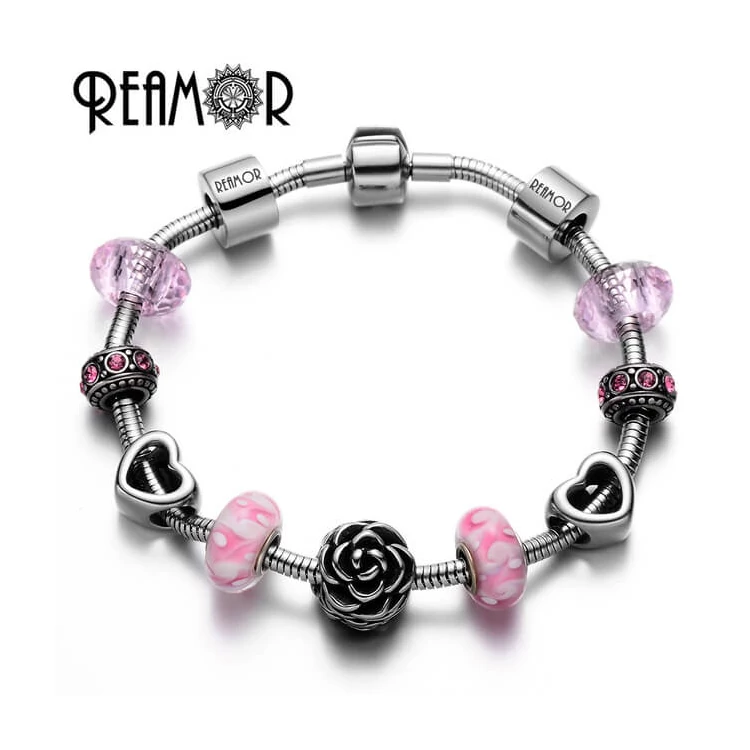 REAMOR – Nemesacél Charm Karkörő Rózsaszín Murano Üveg Gyöngy