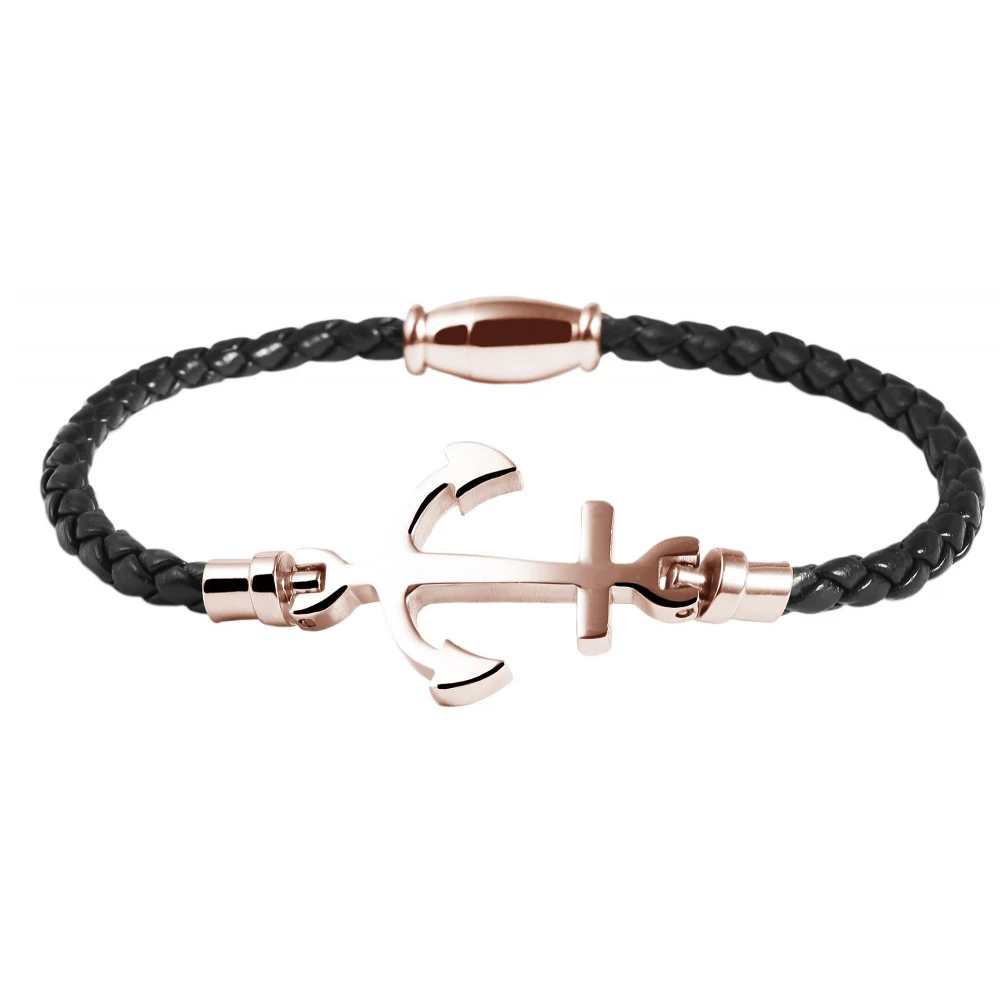 Fekete Bőr Női Horgony Karkötő - Nemesacél Rosegold Dísszel