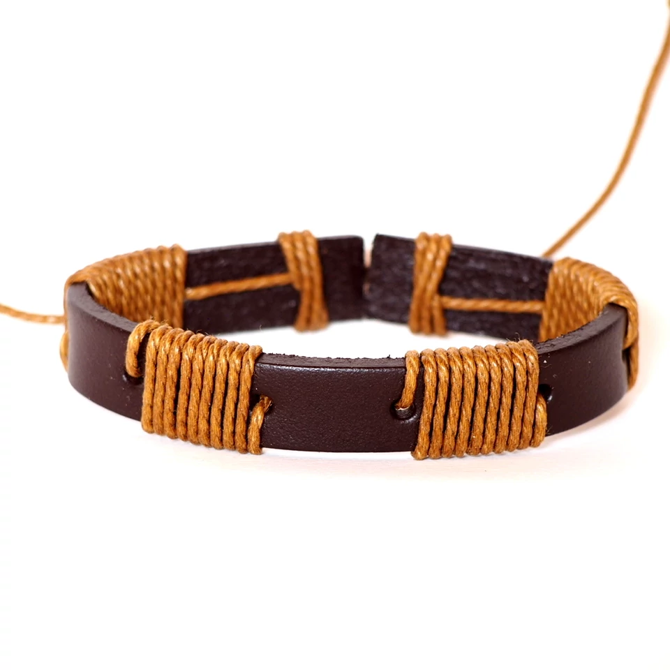 Barna Bőr Karkötő - Világosbarna Bőr Zsinór Dísz