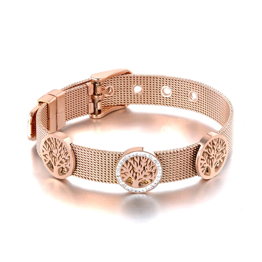 Rosegold Nemesacél Mesh Női Karkötő - Életfa Medálokkal