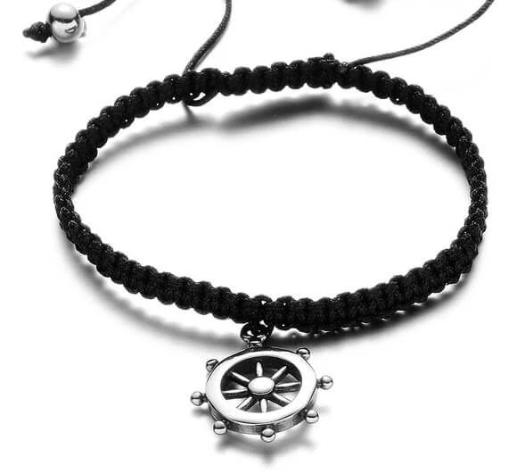 Black Wolf - Fekete Fonott Paracord Karkötő - Acél Hajókormány Medál
