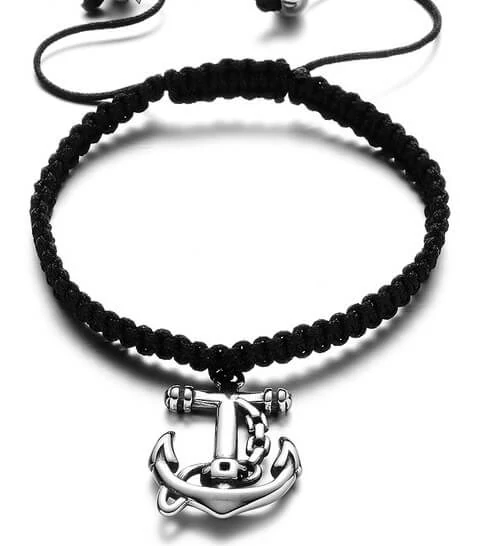 Black Wolf - Fekete Fonott Paracord Karkötő - Acél Horgony Medál