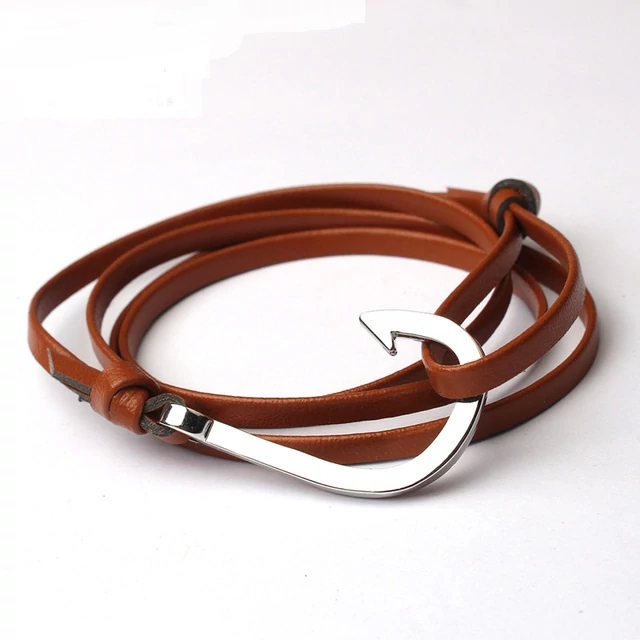 Bőr Horog Karkötő - Világosbarna - Ezüst